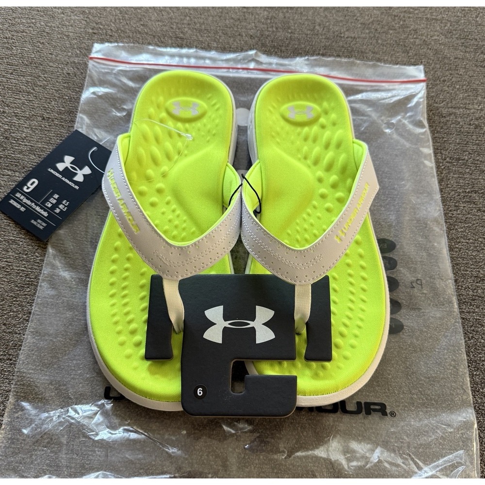 Under Armour  Ignite Pro Marbella Womens 9 White Neon Green Flip Flop Sandals